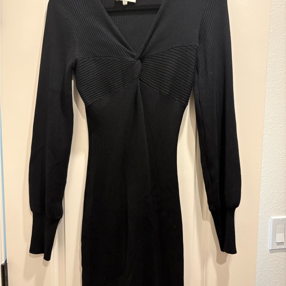 Freshman Black Ribbed Twist-Front Long Sleeve Dress